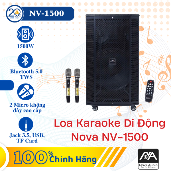 Loa Karaoke Di Động Nova NV-1500 Super Bass (1500W/ BT 5.0/ TWS/ Micro UHF/ USB/ SD)