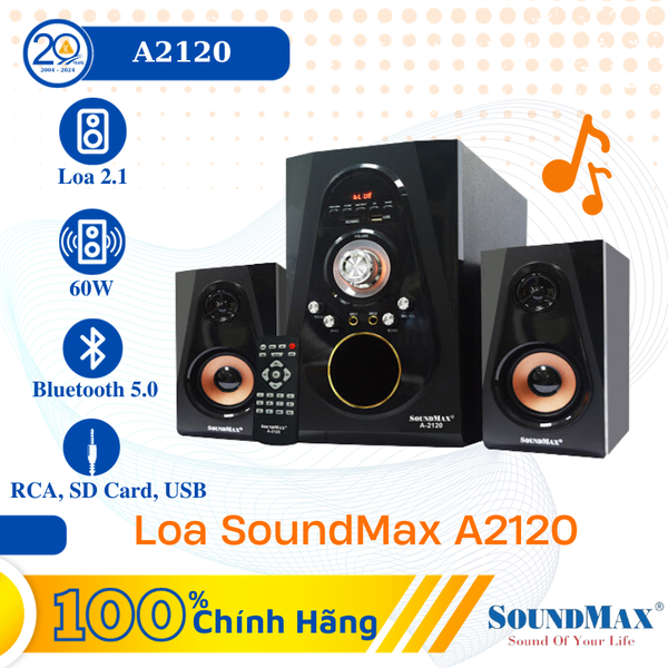 Loa Vi Tính SoundMax A-2120 (Loa 2.1/ 60W/ RCA/ USB/ SDCarrd/ BT/ Đen)