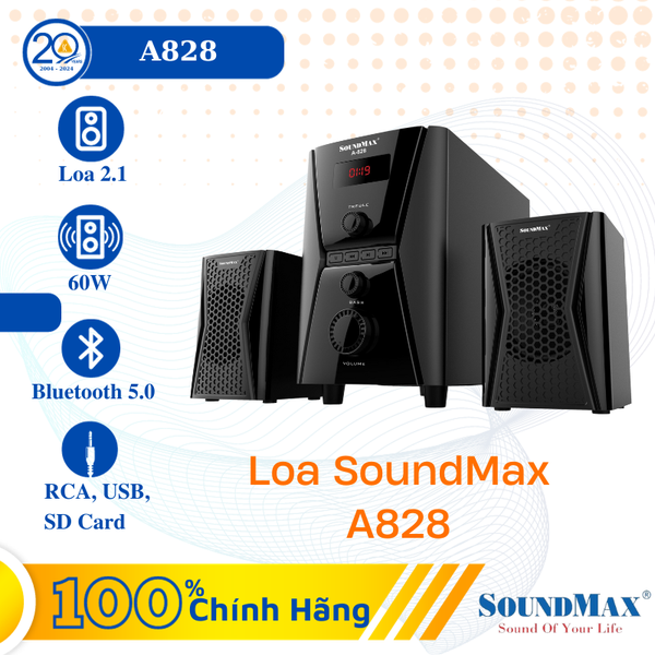 Loa Vi Tính SoundMax A-828 (Loa 2.1/ 20W/ RCA/ USB/ SD Card/ Bluetooth/ Đen)