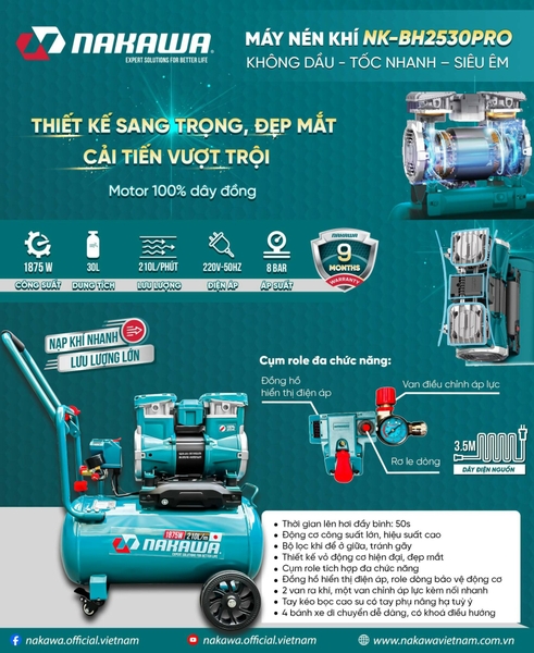 Máy nén khí không dầu Nakawa NK-BH2530PRO