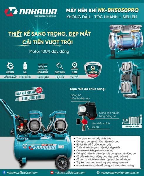 Máy nén khí không dầu Nakawa  NK-BH5050PRO