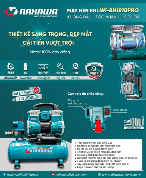 Máy nén khí không dầu Nakawa NK-BH1810PRO
