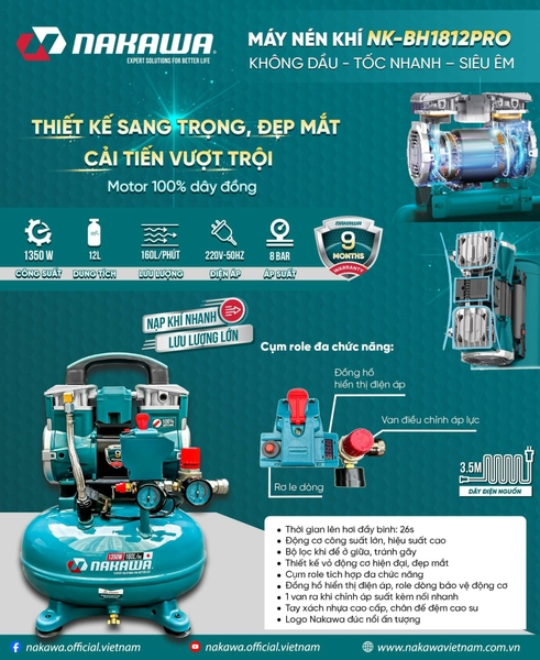 Máy nén khí không dầu Nakawa NK-BH1812PRO