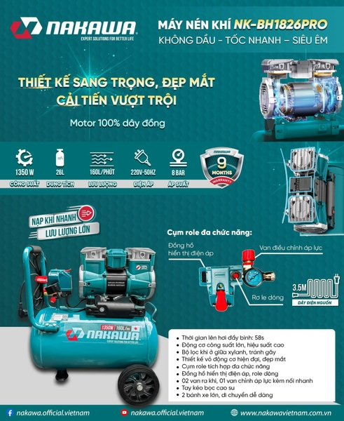 Máy nén khí không dầu Nakawa NK-BH1826PRO