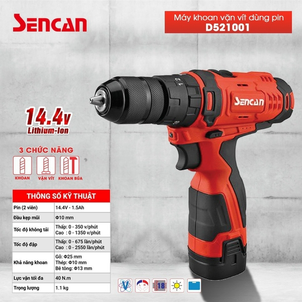Máy khoan pin Sencan D521001 (10mm - 14.4V )