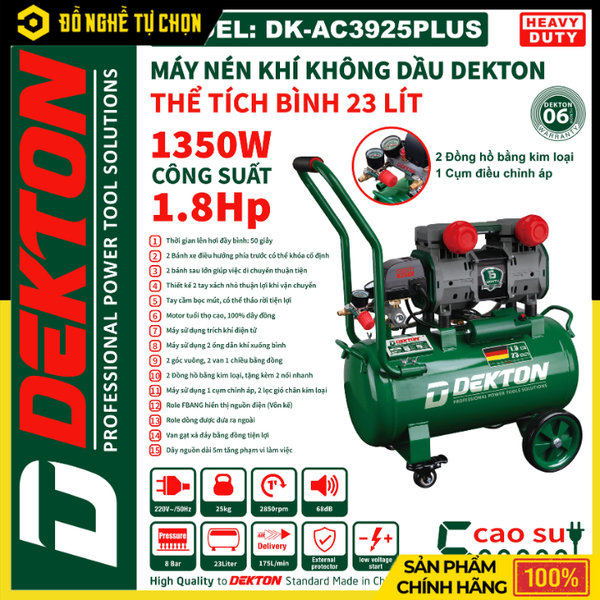 MÁY NÉN KHÍ KHÔNG DẦU DEKTON DK-AC3925PLUS – 23 LÍT – SIÊU ÊM – HÀNG CHÍNH HÃNG CÓ VAT