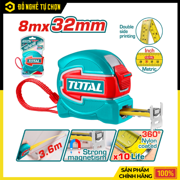 Thước Cuộn Thép Nền Vàng Total TMT80832 8mx32mm – Bản Rộng Cứng Cáp, Đo Chính Xác, Chống Mài Mòn Hiệu Quả | Hàng Chính Hãng, Có VAT