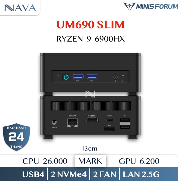 Mini PC Minisforum UM690 Slim AMD R9 6900HX Radeon 680M USB4 Máy