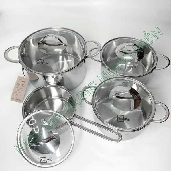 Bộ 4 Nồi Inox 304 Cao Cấp 3 Lớp Roman Fivestar FP-B4006 Nắp Kính 08pcs - Kích thước 16cm/18cm/20cm/24cm - Bảo Hành Chính Hãng 12 Tháng