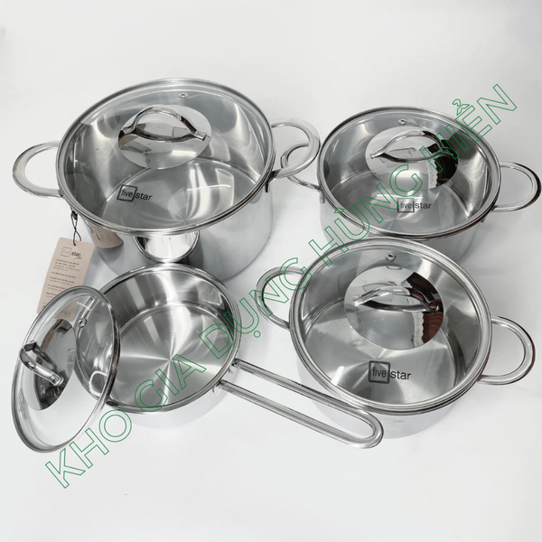 Bộ 4 Nồi Inox 304 Cao Cấp 3 Lớp Roman Fivestar FP-B4006 Nắp Kính 08pcs - Kích thước 16cm/18cm/20cm/24cm - Bảo Hành Chính Hãng 12 Tháng