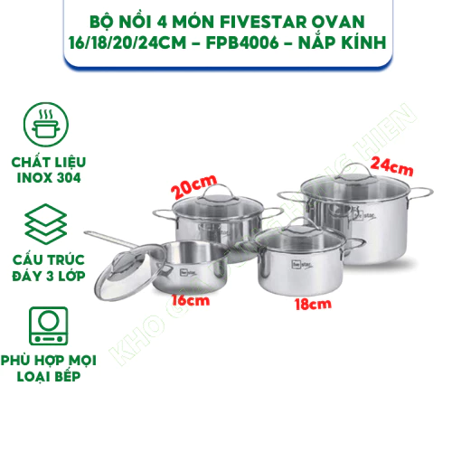 Bộ 4 Nồi Inox 304 Cao Cấp 3 Lớp Roman Fivestar FP-B4006 Nắp Kính 08pcs - Kích thước 16cm/18cm/20cm/24cm - Bảo Hành Chính Hãng 12 Tháng