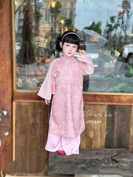 Áo dài lụa nơ ngọc kèm bờm hồng bé gái (12-22kg)