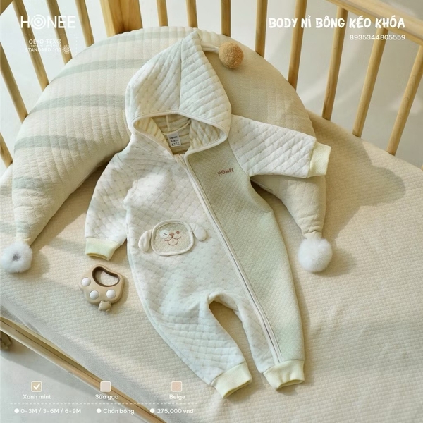 Body trần bông  kéo khóa có mũ Honee ( 0-6m)