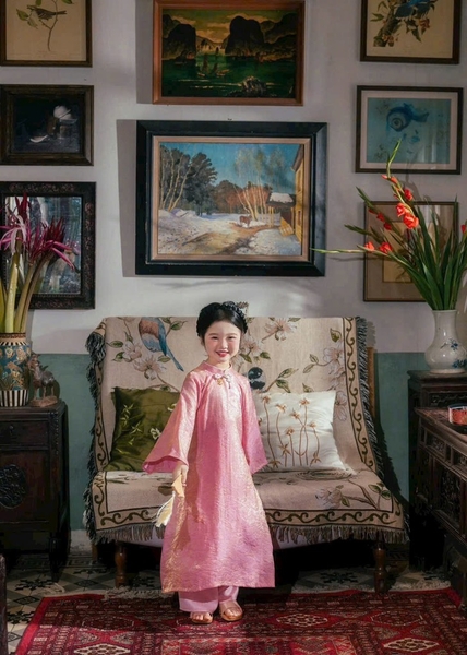 Áo dài gấm size đại bé gái vàng, hồng (  25-42kg)