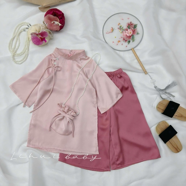 Áo dài cách tân bé gái kèm túi (đỏ - hồng)