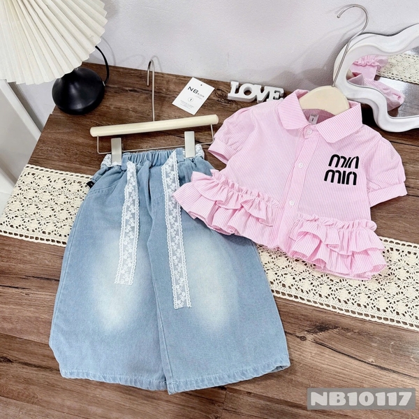 Set sơ mi bèo Min+ quần bò bé gái ( trắng 18-28kg, hồng 12-28kg)