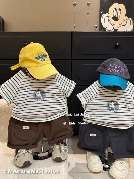 Set nam nhí áo kẻ Mickey + quần thô (73-100)