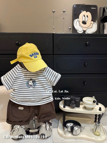 Set nam nhí áo kẻ Mickey + quần thô (73-100)