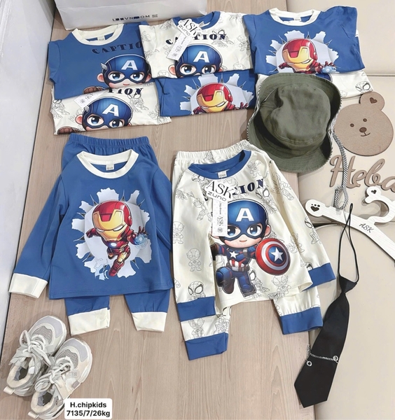 Set 2 bộ thun coton người sắt xanh+ trắng bé trai ( 7-26kg)