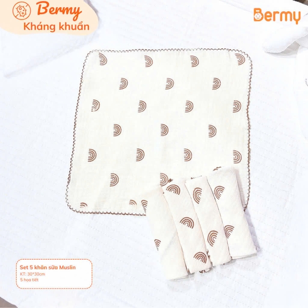 Hộp 5 khăn sữa muslin Bermy 2 lớp (size 30x30)