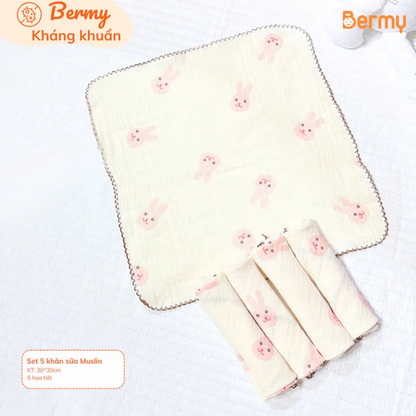 Hộp 5 khăn sữa muslin Bermy 2 lớp (size 30x30)