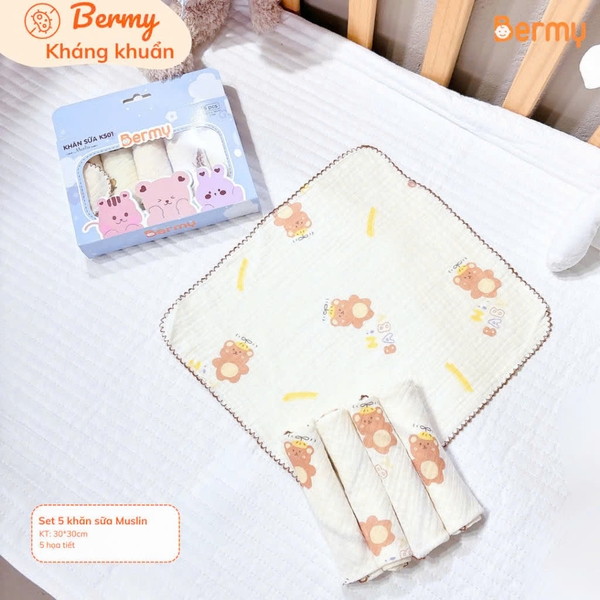 Hộp 5 khăn sữa muslin Bermy 2 lớp (size 30x30)