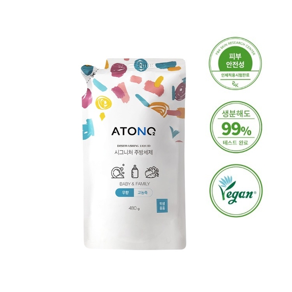 Nước rửa bình sữa, rau củ quả và chén bát thuần chay đậm đặc Atono2 dạng túi 480ml không mùi, cho bé từ 0M+