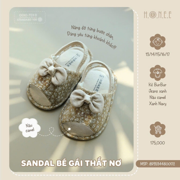 Dép Sandal Hrnee bé gái thắt nơ