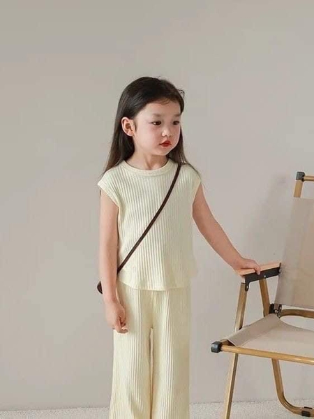 Bộ cotton tăm sát nách quần ống suông 3 màu kem, ghi, đen bé gái