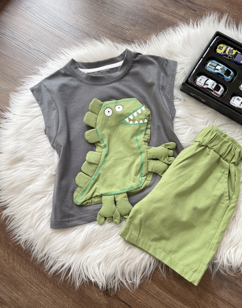 Bộ sát nách quần sooc khủng long 3D màu xám và trắng