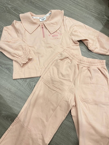 Bộ nỉ polo bé gái dài tay bo chun hãng Beemon quần ống rộng 4 màu hồng, vàng-xanh, tím, hồng cam nhạt