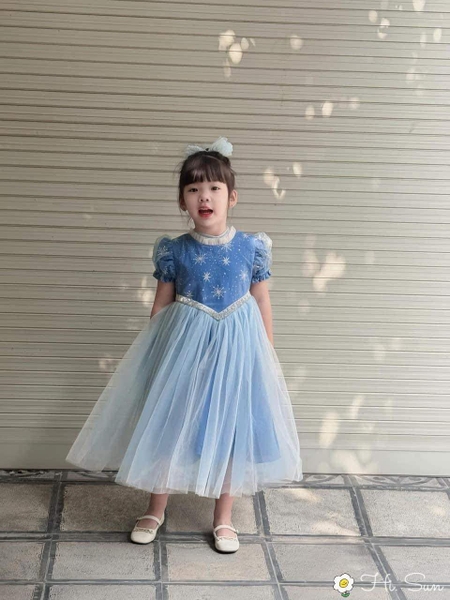 Váy ELSA tay phồng xanh phối voan hoạ tiết bông tuyết Hi.Sun