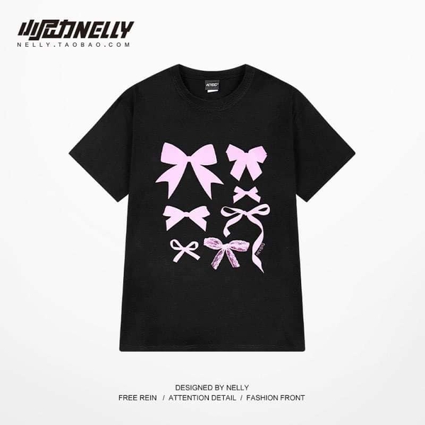 Áo phông cộc tay cotton Nelly hoạ tiết nơ 2 màu đen và trắng