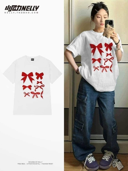 Áo phông cộc tay cotton Nelly hoạ tiết nơ 2 màu đen và trắng