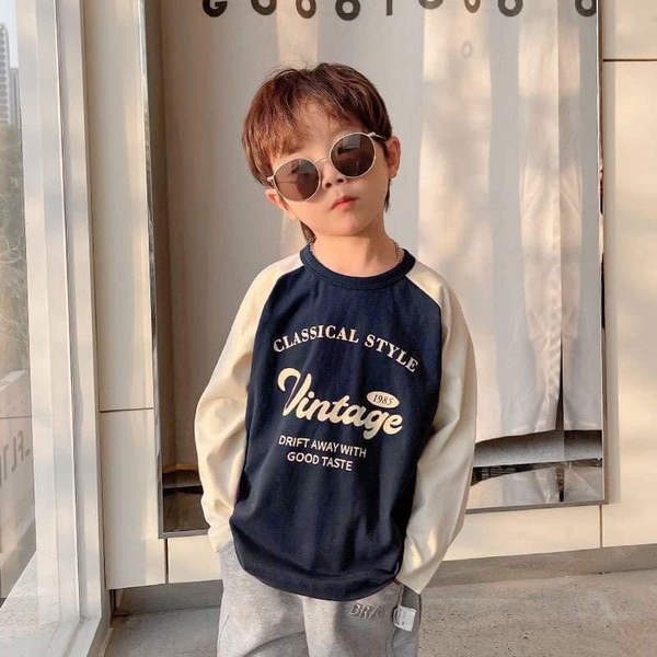Áo cotton dài tay raglan vintage 4 màu cho bé trai