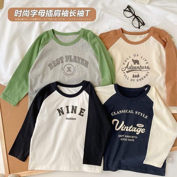 Áo cotton dài tay raglan vintage 4 màu cho bé trai