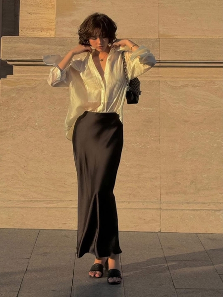 Chân váy lụa màu ĐEN Tommy Hilfiger