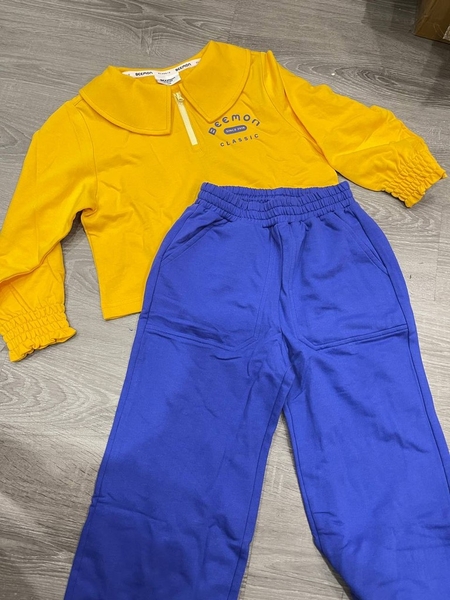 Bộ nỉ polo bé gái dài tay bo chun hãng Beemon quần ống rộng 4 màu hồng, vàng-xanh, tím, hồng cam nhạt