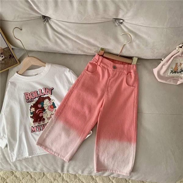 Quần jean suông xuất Hàn ombre hồng cam