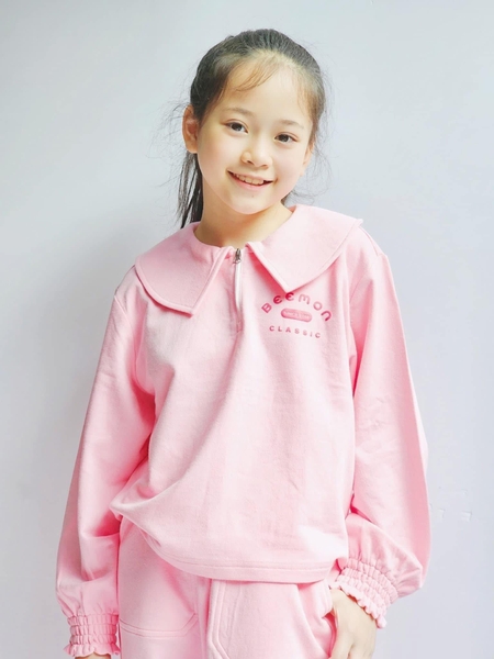 Bộ nỉ polo bé gái dài tay bo chun hãng Beemon quần ống rộng 4 màu hồng, vàng-xanh, tím, hồng cam nhạt