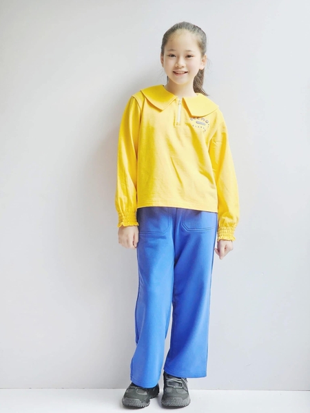 Bộ nỉ polo bé gái dài tay bo chun hãng Beemon quần ống rộng 4 màu hồng, vàng-xanh, tím, hồng cam nhạt