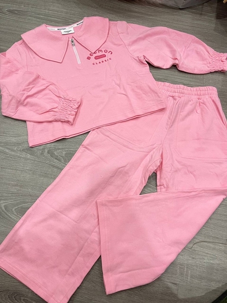 Bộ nỉ polo bé gái dài tay bo chun hãng Beemon quần ống rộng 4 màu hồng, vàng-xanh, tím, hồng cam nhạt
