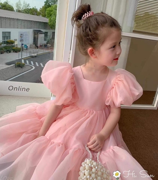 Váy hồng cộc tay voan tùng váy xòe lót thô mềm Hi.Sun