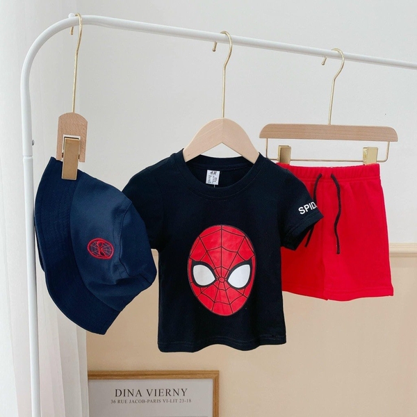 Set 3 món H&M áo phông cotton đen cộc tay Spiderman quần sooc đỏ kèm mũ bucket