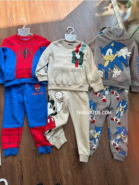 Bộ nỉ bông H&M, Primark 3 mẫu hoạ tiết Sonic, Spiderman, Mickey cho bé trai