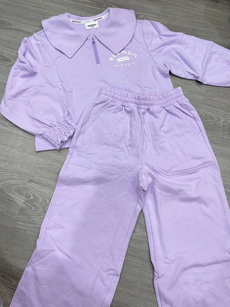 Bộ nỉ polo bé gái dài tay bo chun hãng Beemon quần ống rộng 4 màu hồng, vàng-xanh, tím, hồng cam nhạt