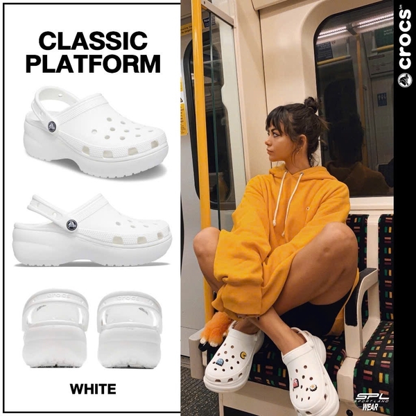 Dép sục Crocs classic platform 2 màu trắng, kem 5 phân cho nữ