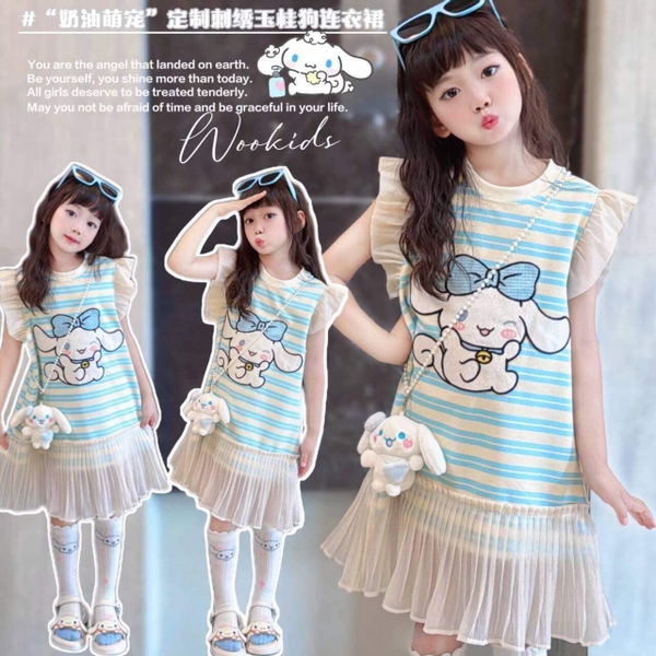 Váy cánh tiên KO TÚI kẻ ngang phối trắng hình Cinnamoroll, My Melody, Kuromi