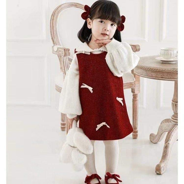 Váy sát nách nhung đỏ dáng suông hoạ tiết nơ trắng