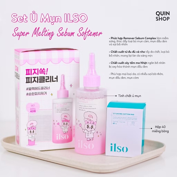 Tinh Chất Ủ Mụn ILSO Đầu Đen, Mụn Cám 150ml kèm 40m cotton pad 2 màu xanh, hồng
